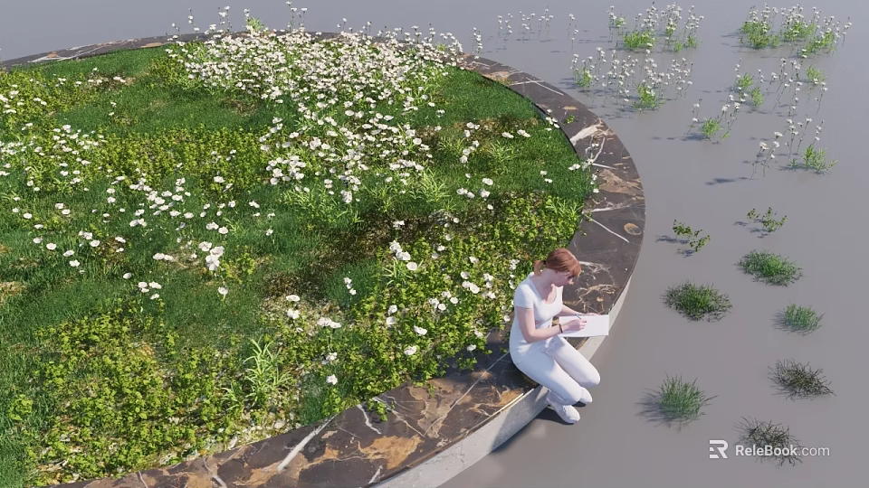 Circular Ground Cover With Green Grass White Flowers Stone Border And Person Sitting Reading Book 3d model 