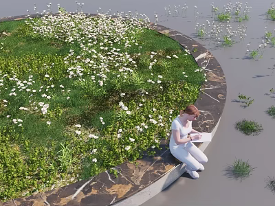 Circular Ground Cover With Green Grass White Flowers Stone Border And Person Sitting Reading Book 3d model