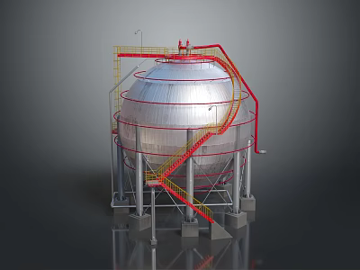 Industrial Storage Tank With Silver Metallic Surface And Red Yellow Staircase Platform 3d model