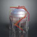 Industrial Storage Tank With Silver Metallic Surface And Red Yellow Staircase Platform