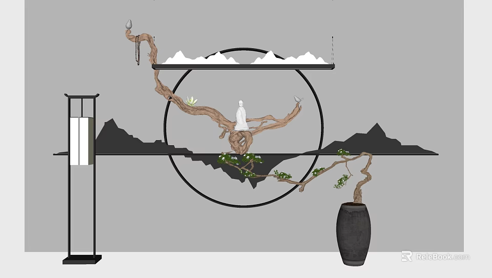 Zen Interior Circular Wall Decor with Mountain Tree Branch and Bird Design 3d model
