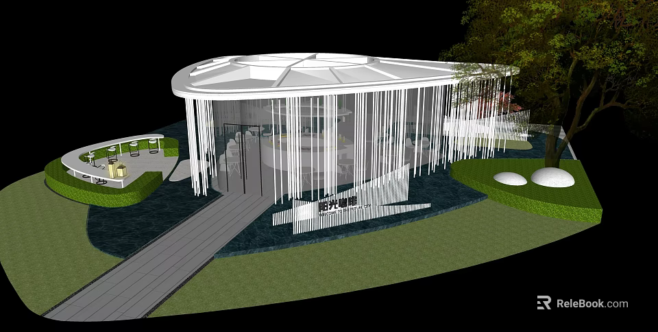 Modern Circular Building With White Roof Structure And Surrounding Grass Trees Walkway To Entrance 3d model 