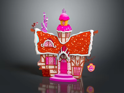 Cartoon Fairy Tale Cottage with Red Snowflaked Roof Pink Tower Pink Door and Decorative Windows 3d model