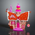 Cartoon Fairy Tale Cottage with Red Snowflaked Roof Pink Tower Pink Door and Decorative Windows