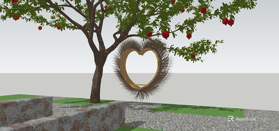 Outdoor Woven Heart Shaped Swing Play Equipment Hanging On Tree With Red Fruits 3d model 