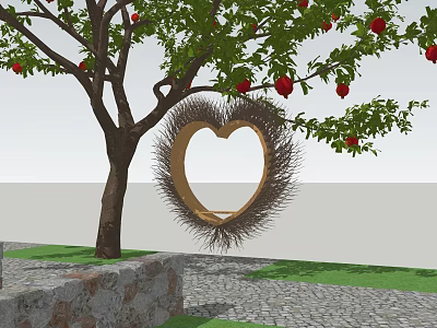 Outdoor Woven Heart Shaped Swing Play Equipment Hanging On Tree With Red Fruits 3d model
