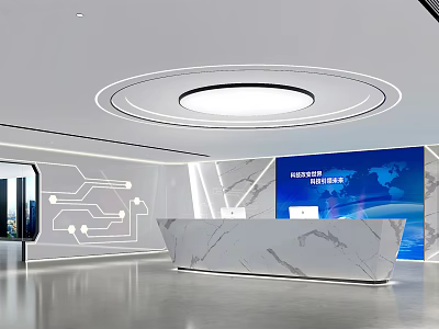 Modern Reception Desk With Marble Countertop Blue Backdrop Tech Inspired Lines And City View 3d model