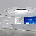 Modern Reception Desk With Marble Countertop Blue Backdrop Tech Inspired Lines And City View