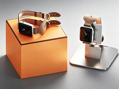Smart Watches Displayed On Orange Box And Silver Stand With Brown Dotted And Beige Straps 3d model