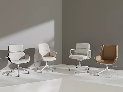 Four Modern Office Chairs White And Brown With Sleek Wheels In Minimalist Setting 3d model