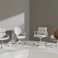 Four Modern Office Chairs White And Brown With Sleek Wheels In Minimalist Setting
