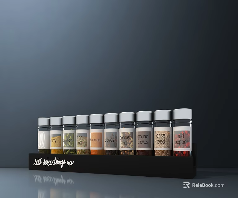 Neatly Organized Spice Bottles On Black Rack With Various Seasoning Labels 3d model 
