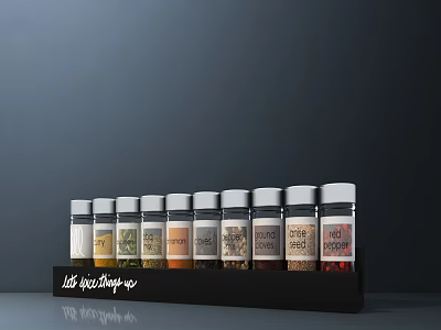 Neatly Organized Spice Bottles On Black Rack With Various Seasoning Labels 3d model