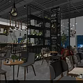 Modern Stylish Restaurant Interior With Wooden Dining Chairs Tables Hanging Lights And Wall Posters