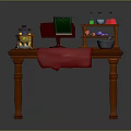 Vintage Wooden Table Setup with Green Book Red Cloth Bottles Mortar and Fruits
