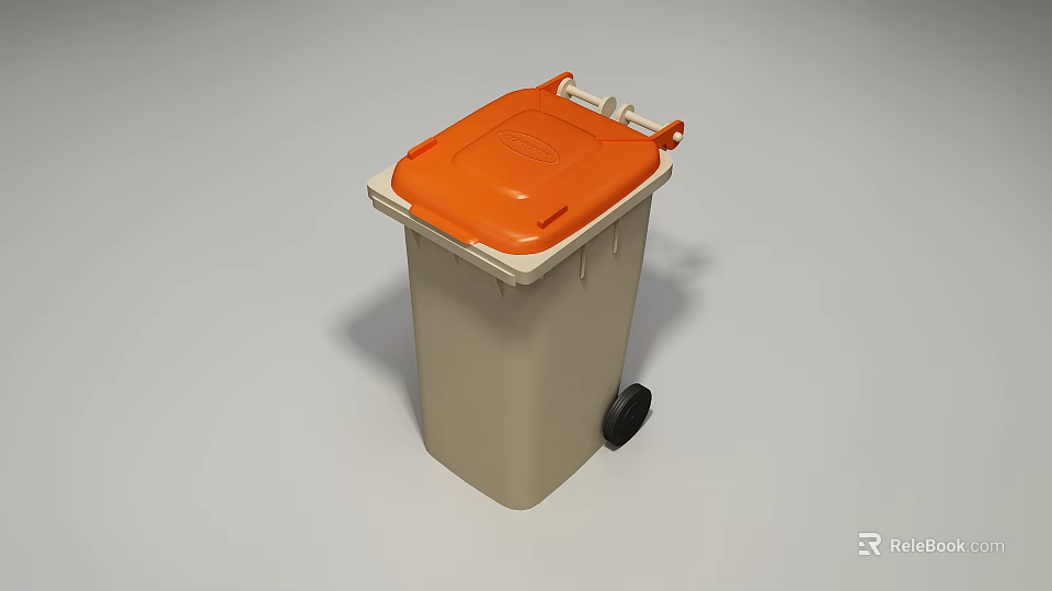 Public Facility Trash Bin With Orange Lid Beige Body Rolling Wheels And Handles 3d model 