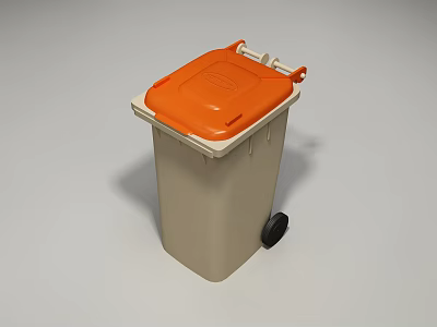 Public Facility Trash Bin With Orange Lid Beige Body Rolling Wheels And Handles 3d model