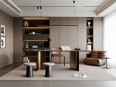 Modern Study Room Interior With Wooden Desk Leather Chair Built In Bookshelves And Hanging Lights 3d model
