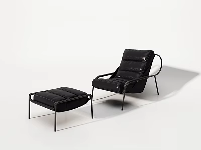Modern Minimalist Black Lounge Chair With Metal Frame And Ottoman Footrest Design 3d model