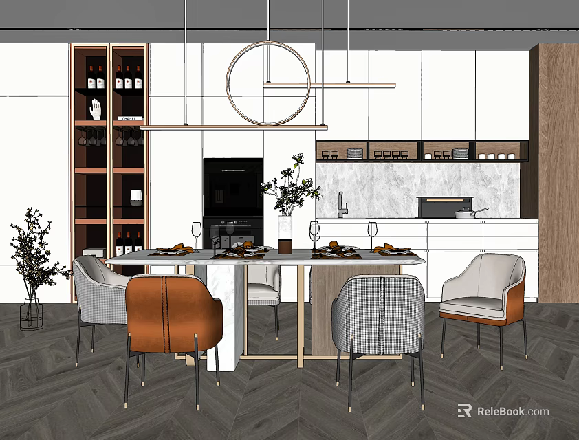 Modern Dining Table Set With Mixed Chairs Hanging Lights And Wine Cabinet 3d model