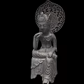 Sculpture Carving Of Seated Buddha Figure With Intricate Carved Backrest And Detailed Robe Patterns