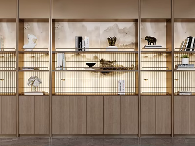 Elegant Modern Decorative Cabinet With Wooden Shelves Displaying Ornaments Books And Sculptures 3d model