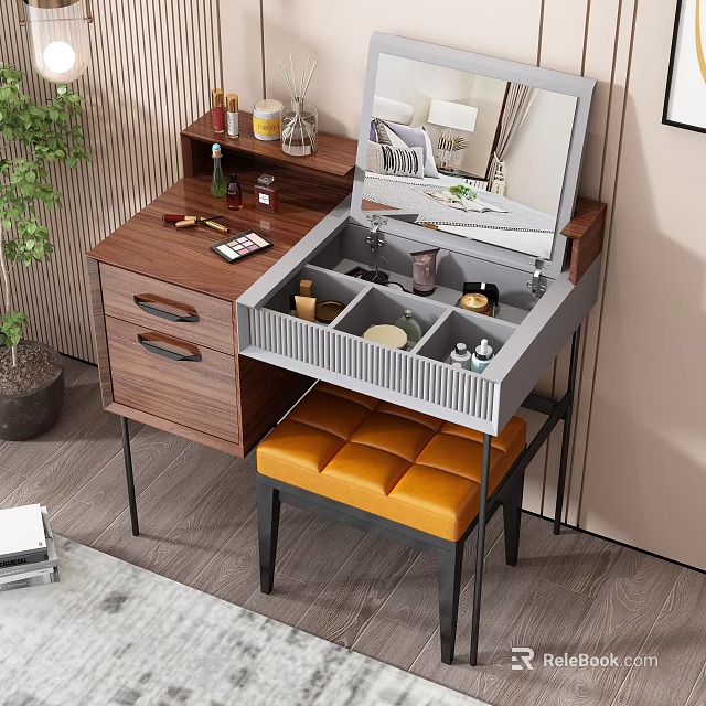 Wooden Vanity Table With Open Drawers Cosmetics Storage Orange Upholstered Stool And Mirror 3d model 