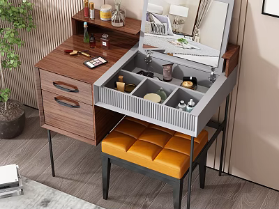 Wooden Vanity Table With Open Drawers Cosmetics Storage Orange Upholstered Stool And Mirror 3d model