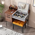 Wooden Vanity Table With Open Drawers Cosmetics Storage Orange Upholstered Stool And Mirror