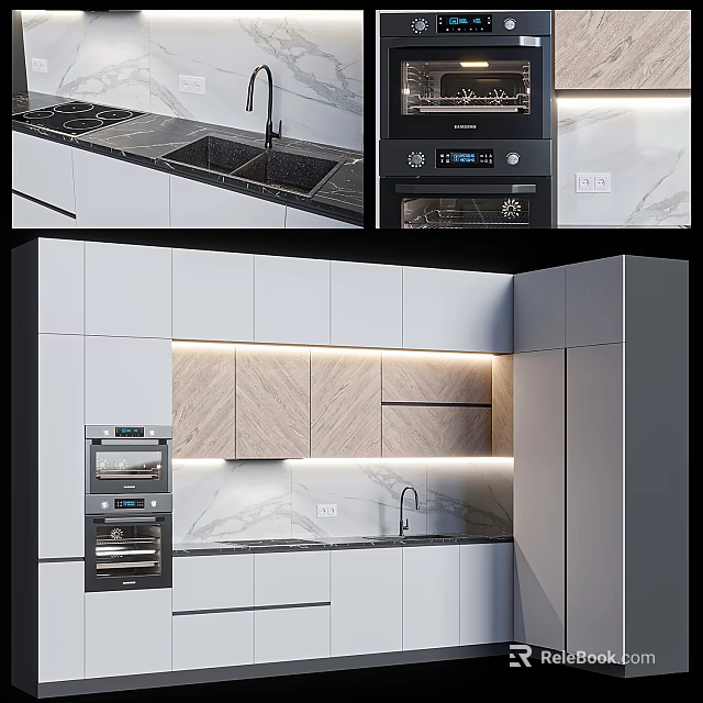 Modern Kitchen Interior Design With White Cabinets Marble Countertop Built-in Ovens And LED Lighting 3d model 