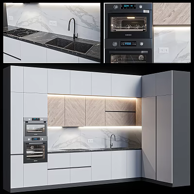 Modern Kitchen Interior Design With White Cabinets Marble Countertop Built-in Ovens And LED Lighting 3d model