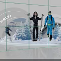 HHHT Ski Scene Display With Two People Holding Skis And Snowy Mountain Backdrop
