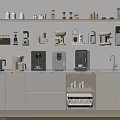Modern White Kitchen Countertop With Various Appliances Coffee Makers Blenders And Shelves
