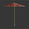 Red Floral Patterned Umbrella As Furniture Decor With Gold Trim And Light Handle