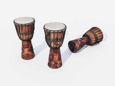 Three Traditional Handmade Musical Drums With Wooden Bodies White Heads And Woven Details 3d model