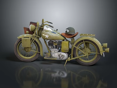 Vintage Military Green Motorcycle Featuring Brown Seat Star Emblem And Helmet 3d model