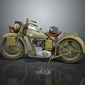 Vintage Military Green Motorcycle Featuring Brown Seat Star Emblem And Helmet