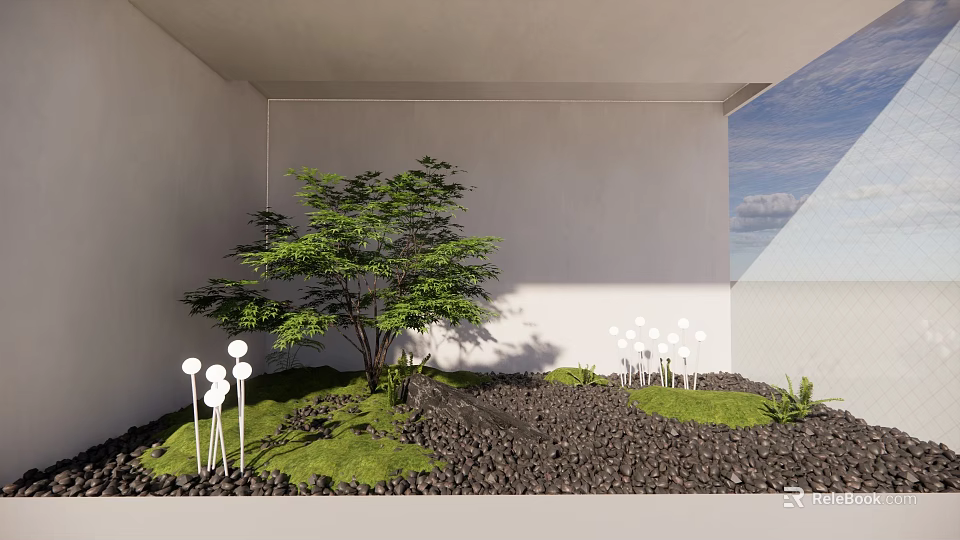 Modern Garden Ornament Design With Green Tree Lawn Black Gravel And White Spherical Decorations 3d model 