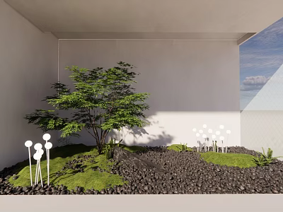Modern Garden Ornament Design With Green Tree Lawn Black Gravel And White Spherical Decorations 3d model