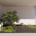 Modern Garden Ornament Design With Green Tree Lawn Black Gravel And White Spherical Decorations