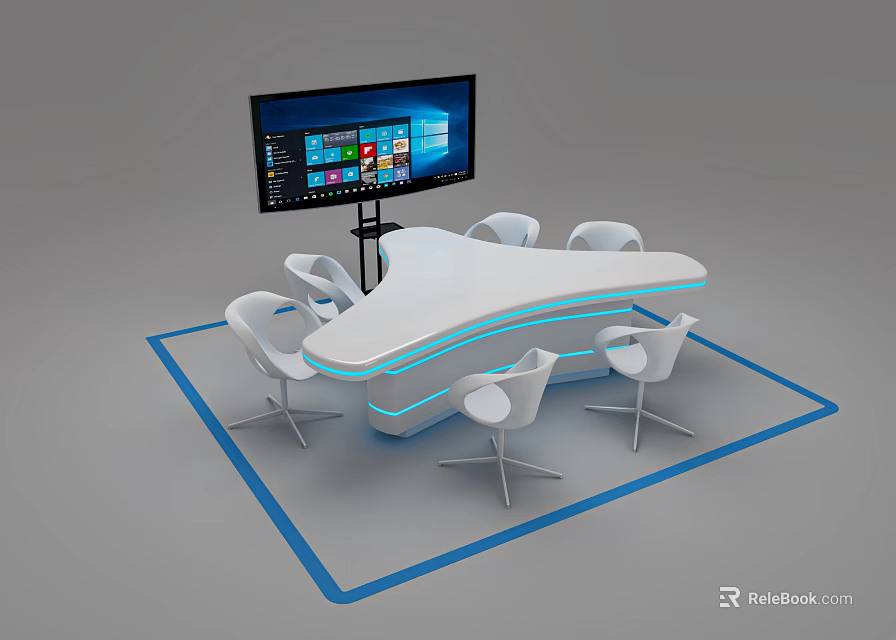 Modern White Conference Table With Irregular Shape LED Strip Lights And Large Screen Monitor 3d model 