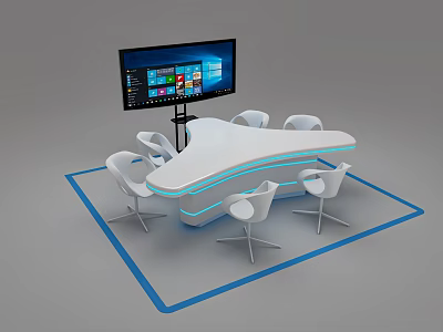 Modern White Conference Table With Irregular Shape LED Strip Lights And Large Screen Monitor 3d model
