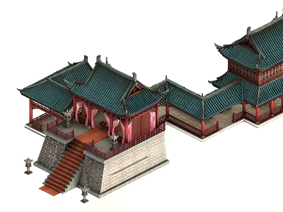Cartoon Style Traditional Chinese Ancient Palace with Green Tiled Roofs Red Pillars and Stone Stairs 3d model