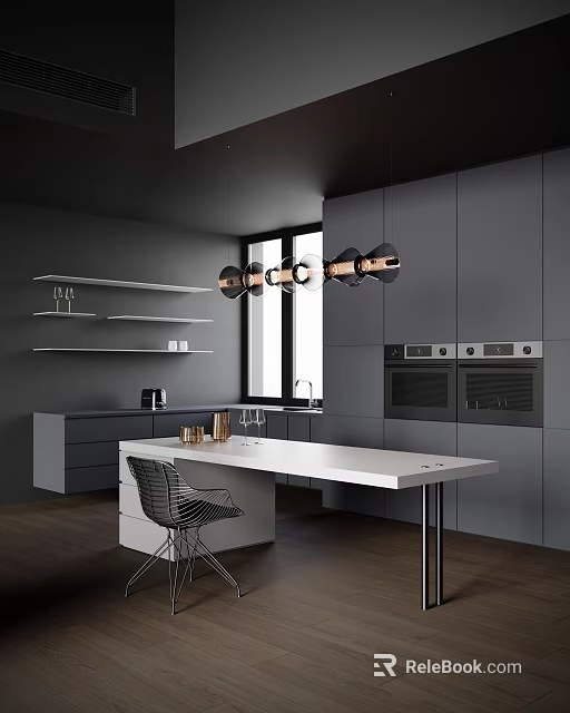 Modern Restaurant Kitchen With Gray Cabinets White Island Counter Black Pendant Lights And Shelves 3d model 