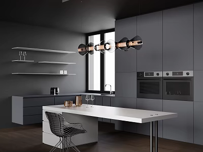 Modern Restaurant Kitchen With Gray Cabinets White Island Counter Black Pendant Lights And Shelves 3d model