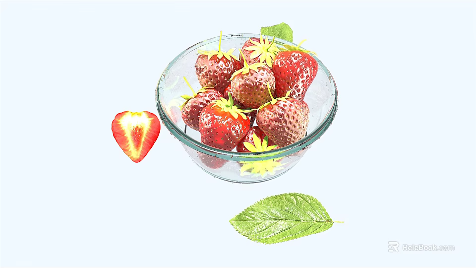 Fresh Ripe Strawberries in a Glass Bowl with Sliced Half and Green Leaves 3d model 