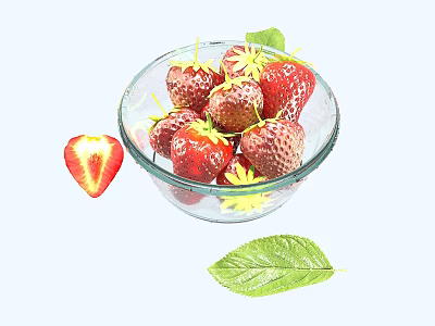Fresh Ripe Strawberries in a Glass Bowl with Sliced Half and Green Leaves 3d model