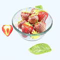 Fresh Ripe Strawberries in a Glass Bowl with Sliced Half and Green Leaves