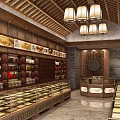 Traditional Chinese Specialty Store Interior With Wooden Decor Display Cabinets And Hanging Lamps