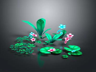 Colorful Plant Arrangement With Green Leaves Lily Pad Like Leaves Pink And Blue Small Flowers 3d model
